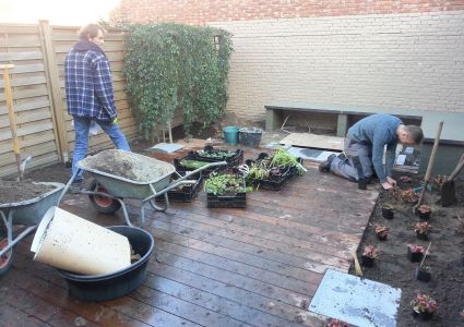 Aanplanting rond terras in hout en Blauwe hardsteen